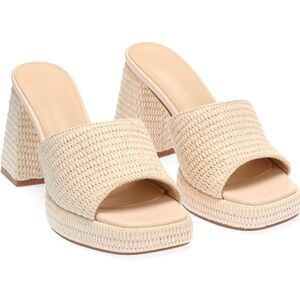 Woven Cream Block Heel Slide Sandals